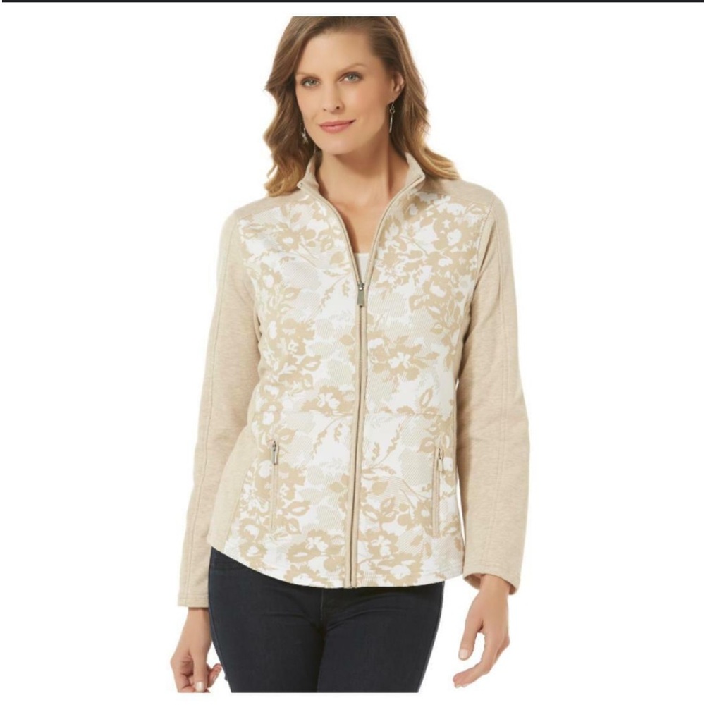Laura Scott Zip Up Sweater Large tan cream